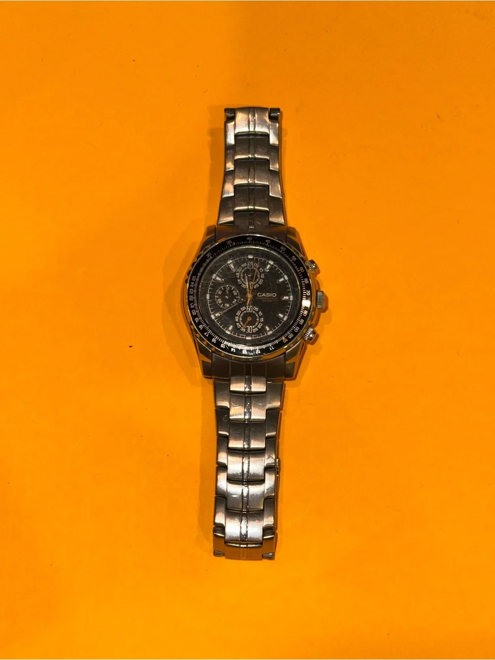 Casio MTP-4500 Chronograph WR 50M Watch Silver Black Slide Rule Bezel NEW BATT